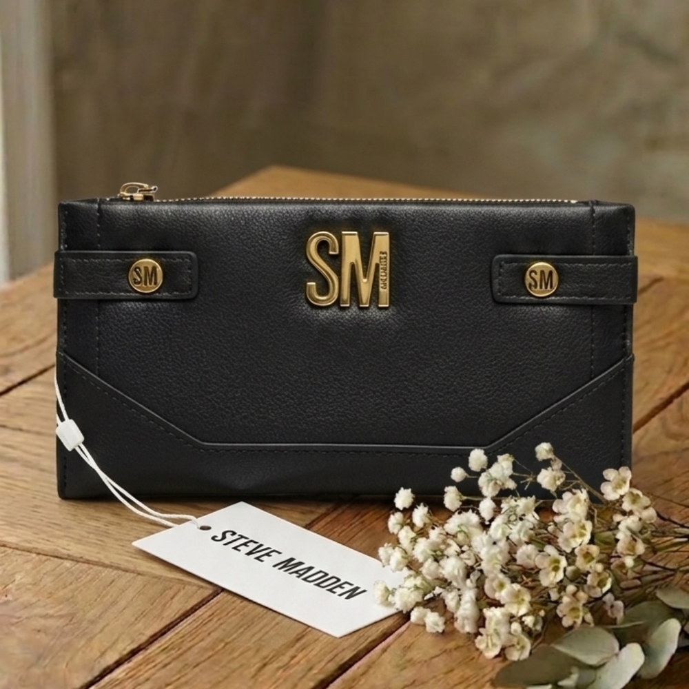 NEW! Steve Madden Black Wristlet Wallet With Gold Hardware and Snakeskin Tassel